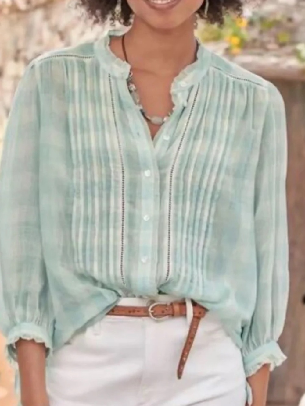 Sundance Turquoise Gingham Tie-Sleeve Gauzy Blouse Small